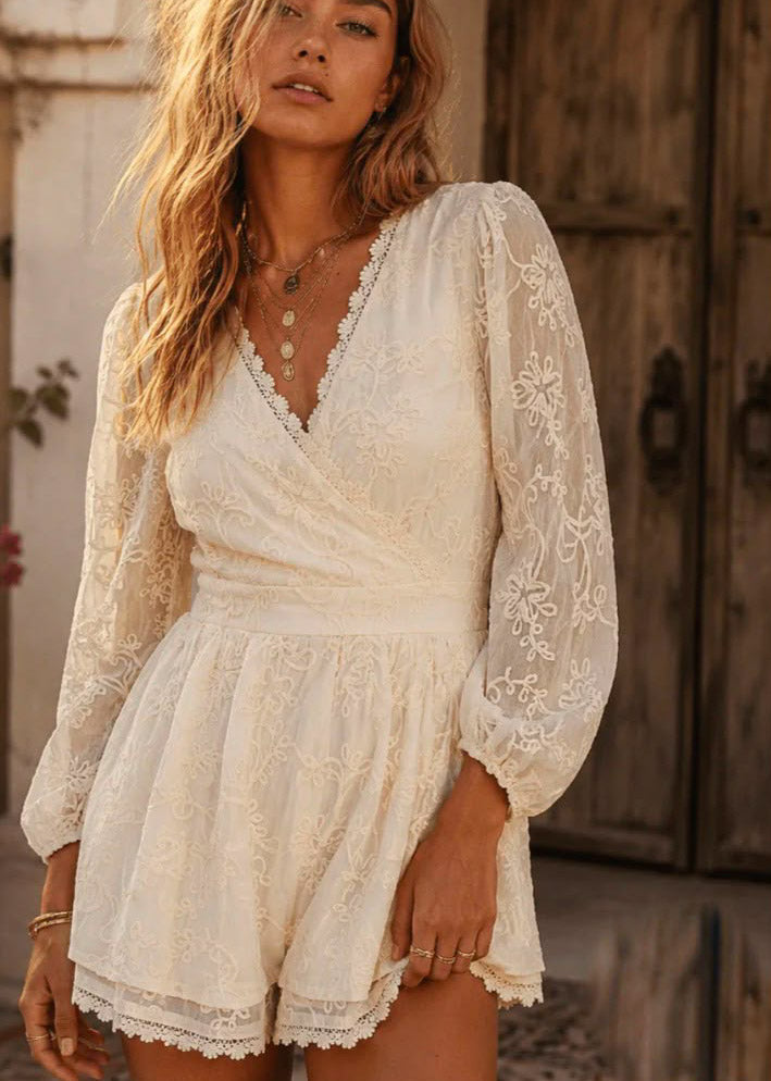 LONG
SLEEVE SURPLICE TIERED
CROCHET ROMPER