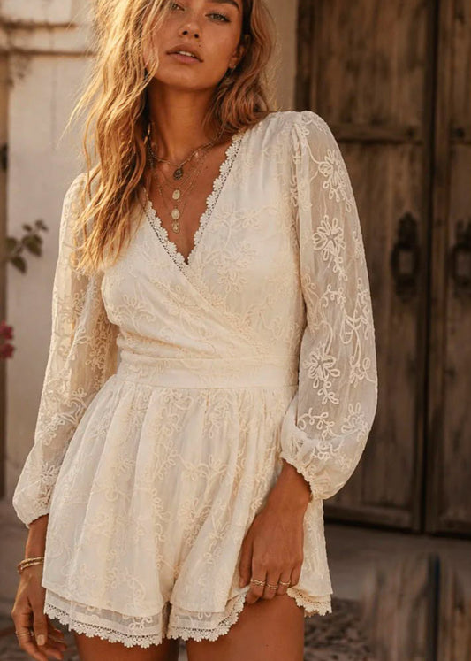 LONG
SLEEVE SURPLICE TIERED
CROCHET ROMPER