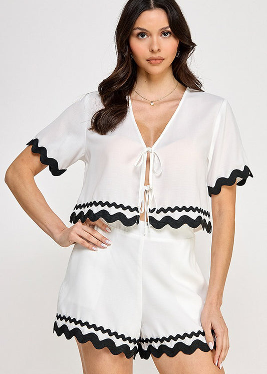 SSLV TOP AND SHORTS SET W/ CONTRAST TAPE TRIM