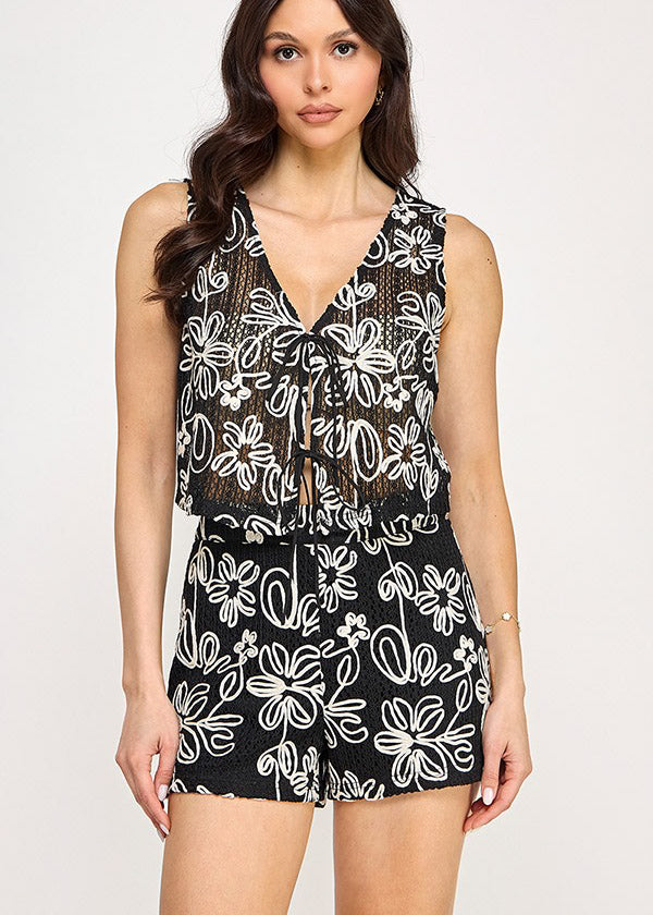 NOVELTY FABRIC TIE FRONT VEST W/SHORT SET