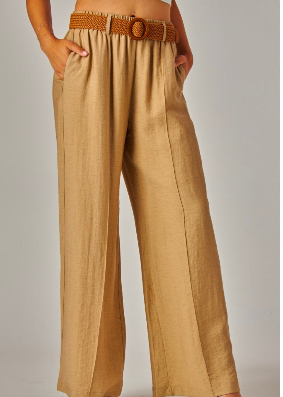 Khaki | Linen Pleated Pants with Woven Rattan Stretch Belt