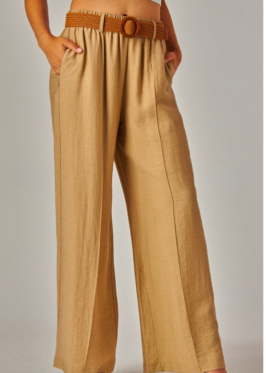 Khaki | Linen Pleated Pants with Woven Rattan Stretch Belt
