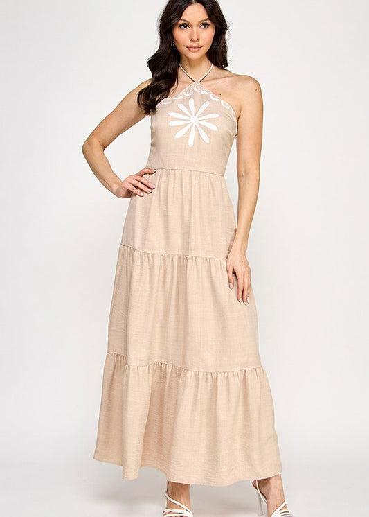 ONE SHOULDER EMBROIDERY MAXI SKIRT