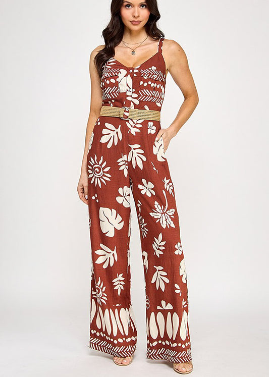 BORDER PRINTED SLVLS JUMPSUIT W/ UTILITY POCKET