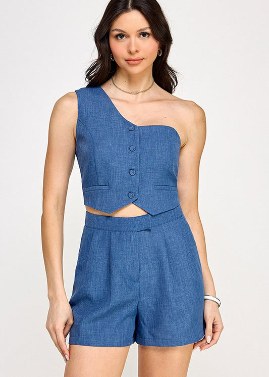 ONE SHOULDER VEST AND SHORTS SET