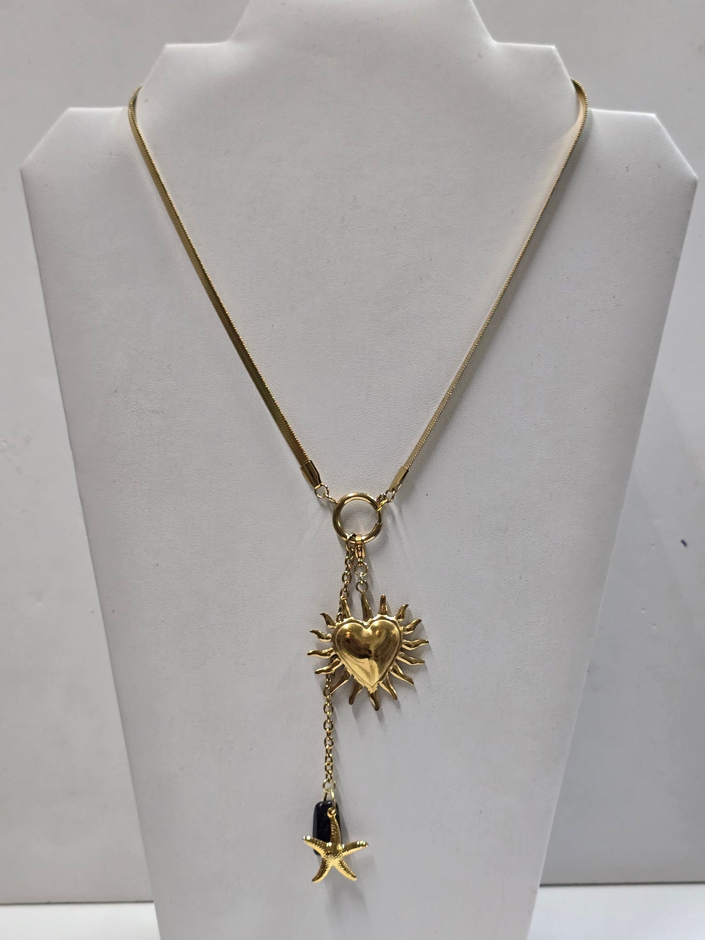 Collar De Acero Inoxidable Con Piedra De Fénix y Charm de sol corazón Cadena De Serpiente