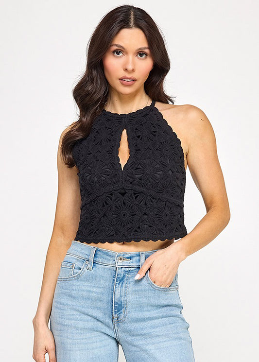 CROCHET HALTER NECK CROP TOP | BLACK