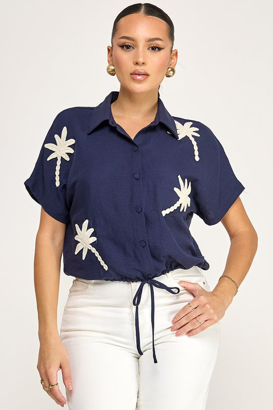 SSLV PLAM CROCHET PATCH TOP W/ WAIST DRAWSTRING