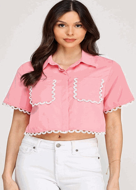 SSLV TRIM DETAIL BUTTON DOWN SHIRT TOP | PINK