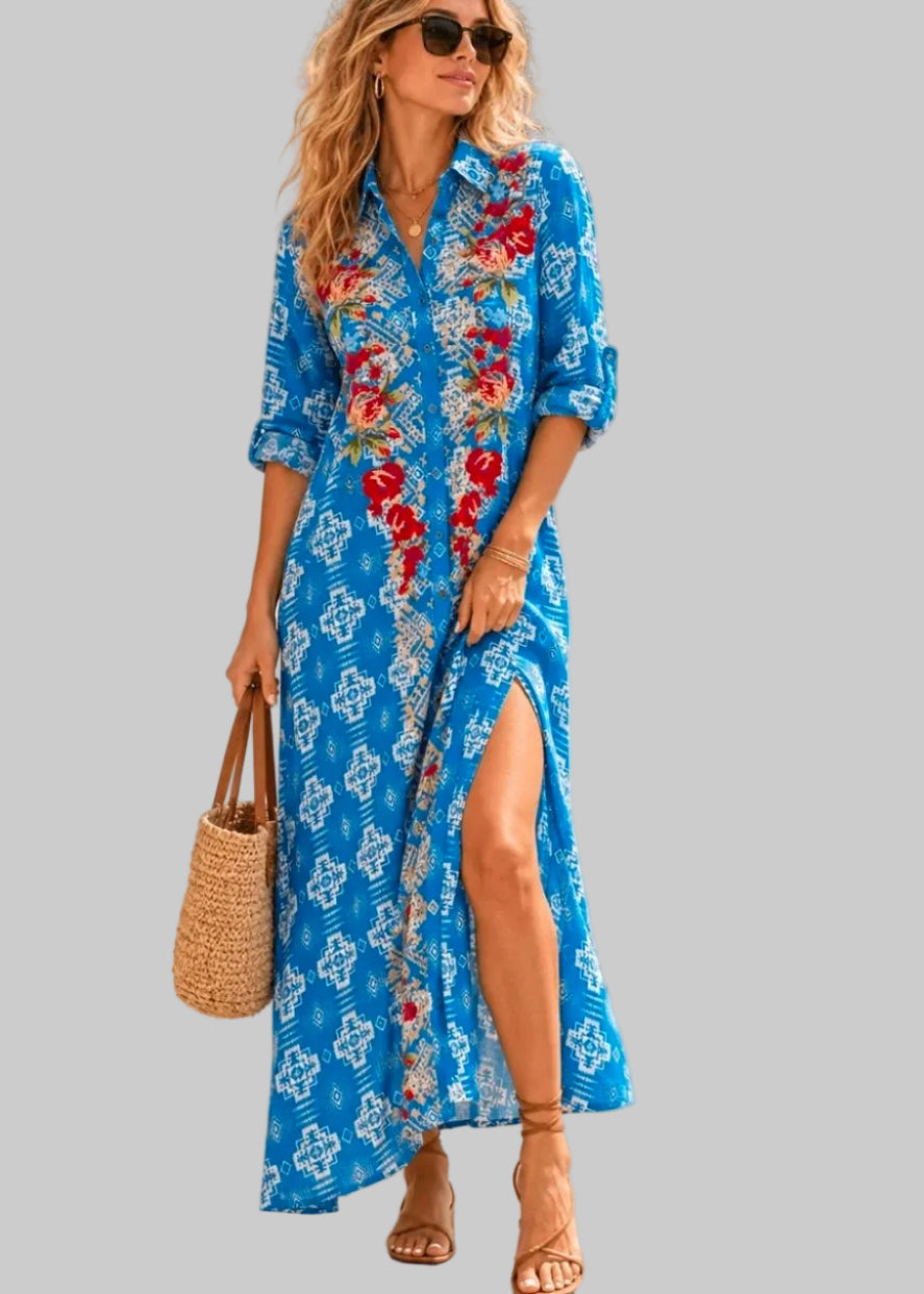 WOMEN'S LONG SLEEVE BUTTON UP SLIT FLORAL EMBROIDERY POCKETS MULTIPRINT MAXI DRESS