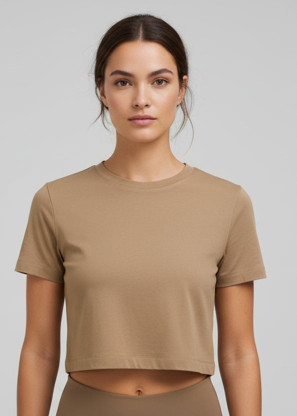Crew-neck Crop Top | Ultra-stretch Seamless | Color Pale coco