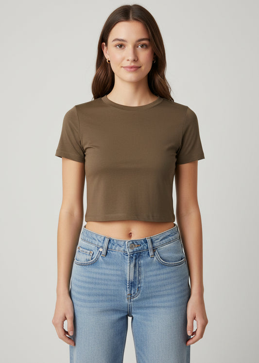 Crew-neck Crop Top | Ultra-stretch Seamless | Cocolate Powder