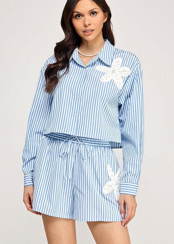 STRIPE FLOWER PATCH TOP W/ SHORTS SET