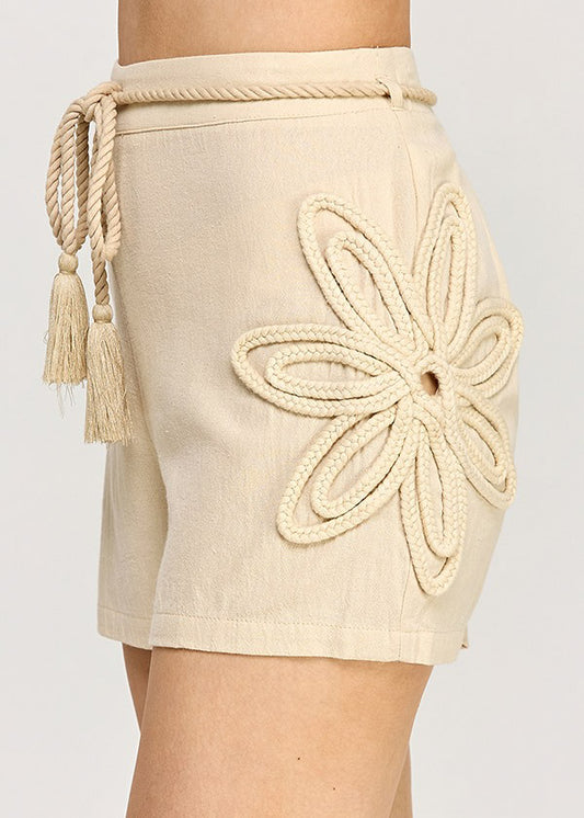 BELTED CUT OUT PATCHED SHORTS