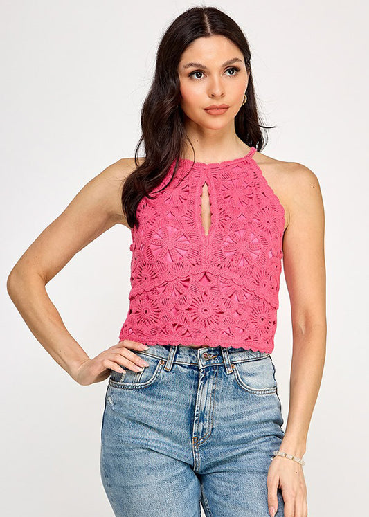 CROCHET HALTER NECK CROP TOP | PINK