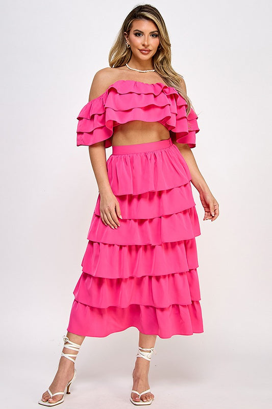 OFF SHOULDER RUFFLE TOP W/ TIERED RUFFLE MIDI SKIRT SET