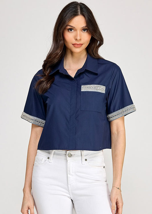 SSLV TRIM DETAIL BUTTON DOWN SHIRT TOP | NAVY
