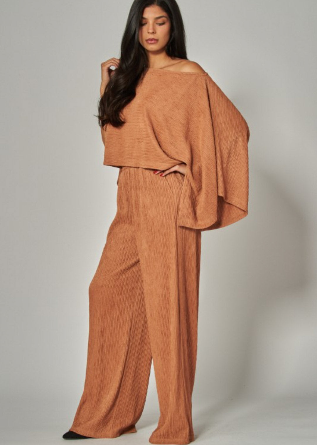Crinkled Plisse Cape Kimono Luxury Pants Set | Color Camel