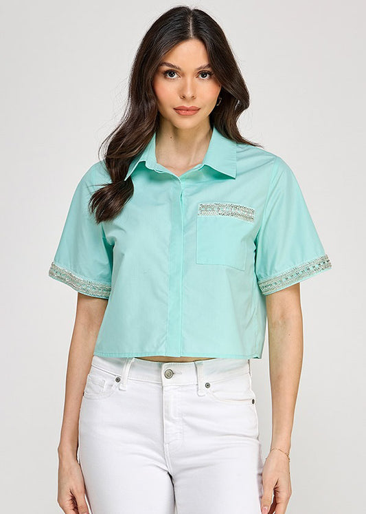 SSLV TRIM DETAIL BUTTON DOWN SHIRT TOP |AGUA