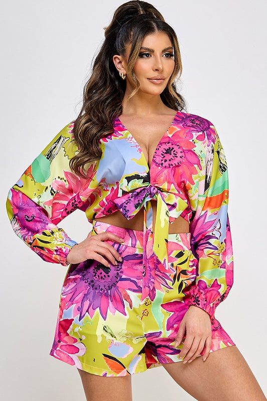 PRINTED DOLMAN SLV TOP AND SHORTS SET