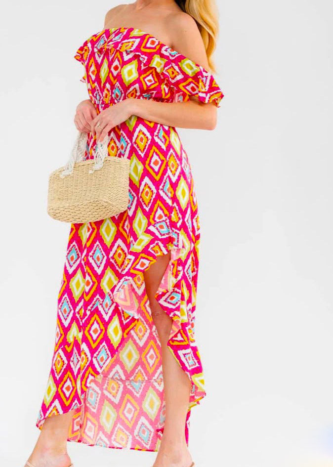 WOMEN'S OFF SHOULDER
RUFFLE SLIT ELASTIC WAIST
MULTI PRINT MAXI DRESS