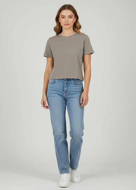 Crew-neck Crop Top | Ultra-stretch Seamless | Color Taupe