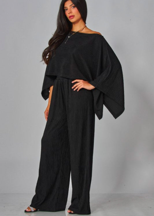 Crinkled Plisse Cape Kimono Luxury Pants Set | Color Negro