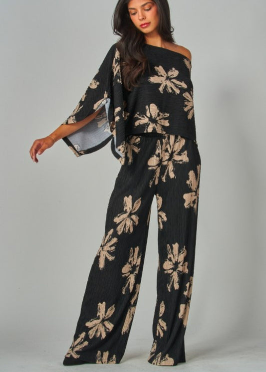 Print Crinkled Plisse Cape Kimono Luxury Pants Set