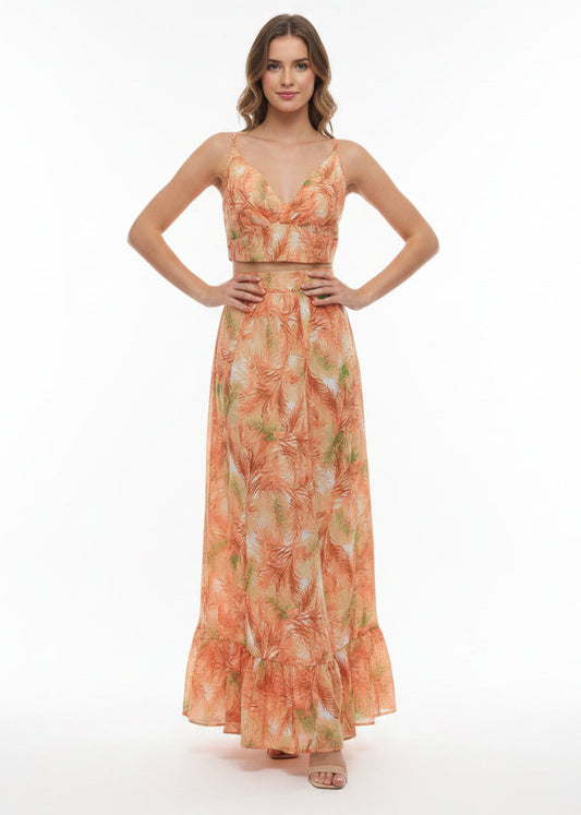 COLOR NARANJA | Set de pantalon largo ancho con elástico en la cintura y blusa de manguitos