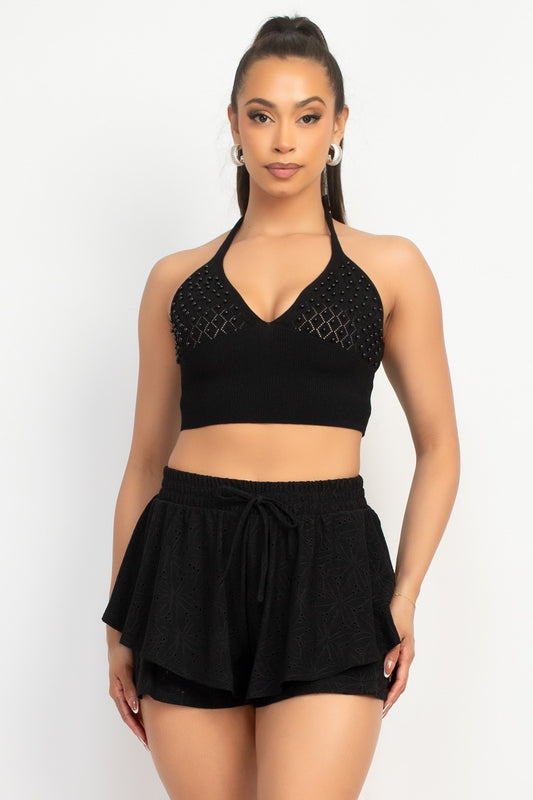 PEARL TRIM HALTER SWEATER