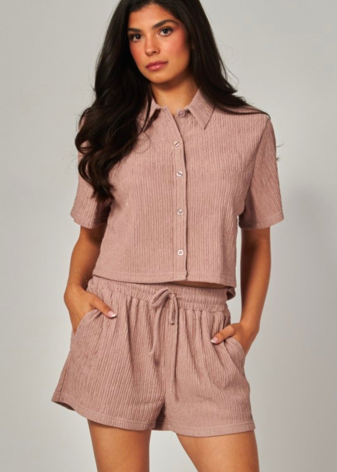 Color Mushroom | Crinkled Plisse Button Down Shirt Loungewear Shorts Set