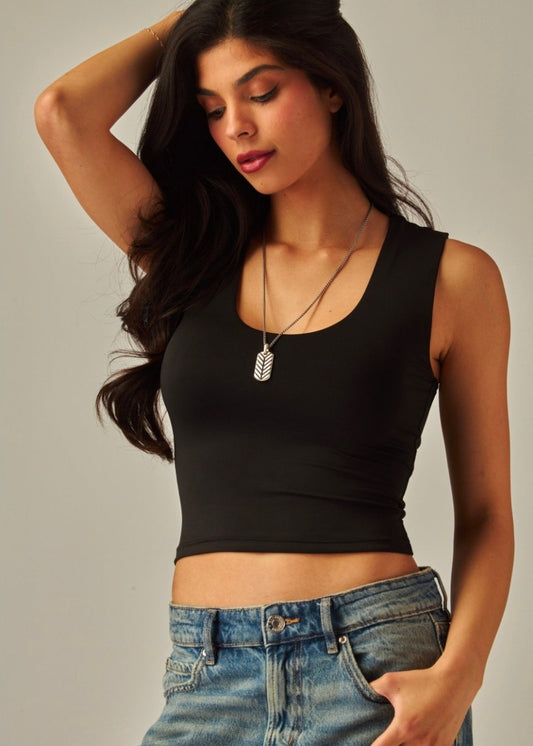 Color Black | Contour Double Layered Scoop Neck Tank Top