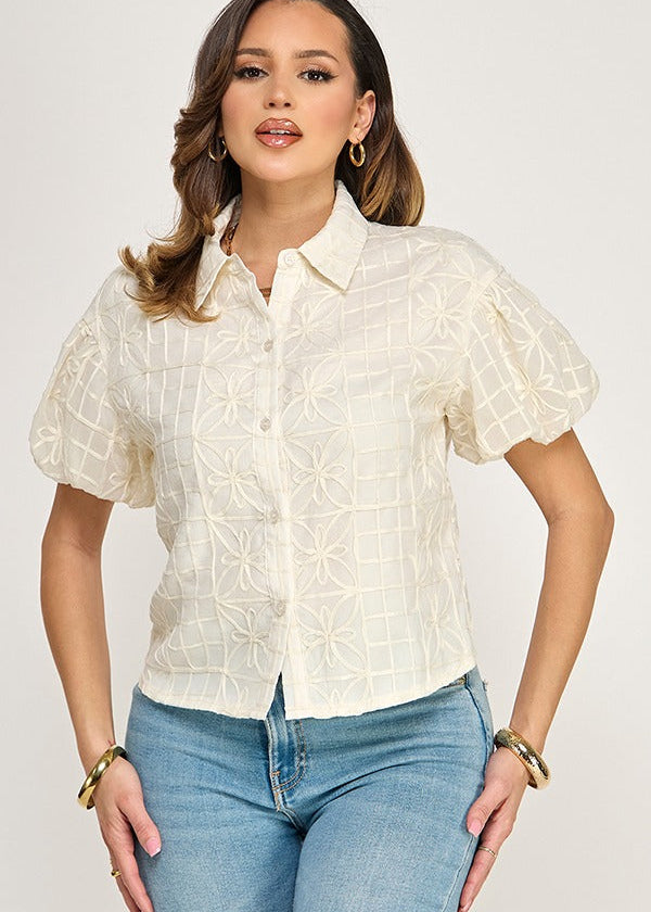 SSLV NOVELTY LACE BUTTON DOWN SHIRT