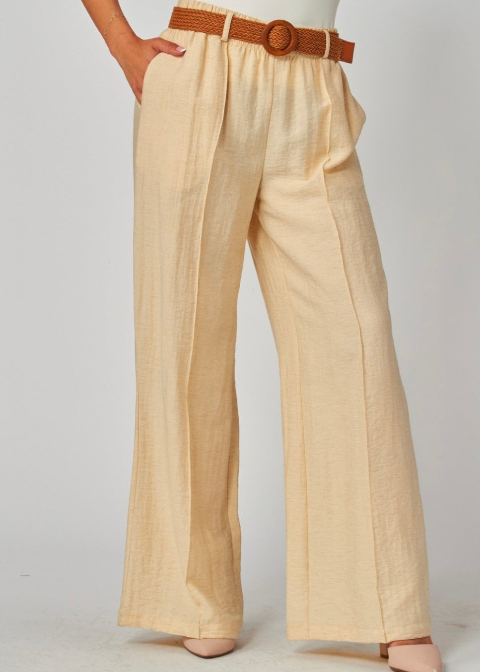 Linen Pleated Pants with Woven Rattan Stretch Belt