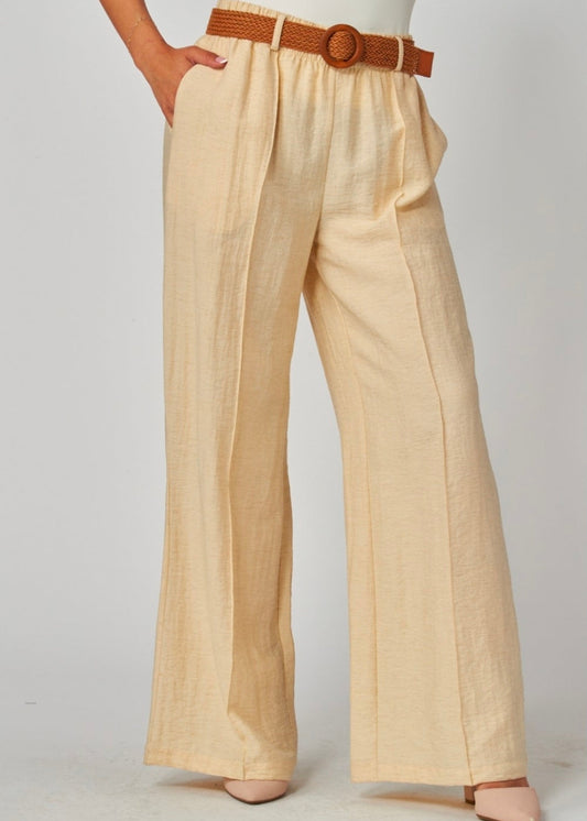 Linen Pleated Pants with Woven Rattan Stretch Belt