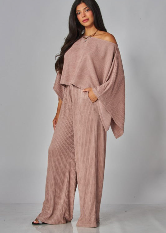 Crinkled Plisse Cape Kimono Luxury Pants Set | Mocha Mousse