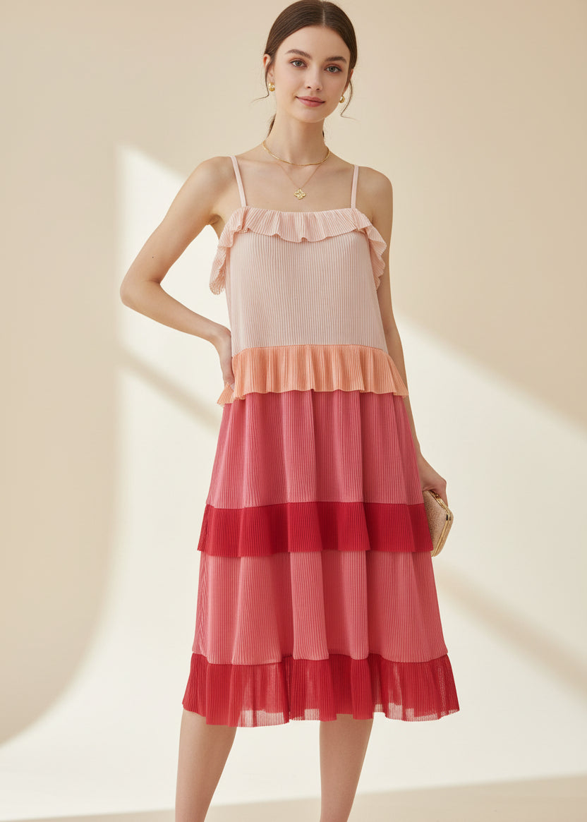Women sleeveless colorblock ruffle tiered mini dress