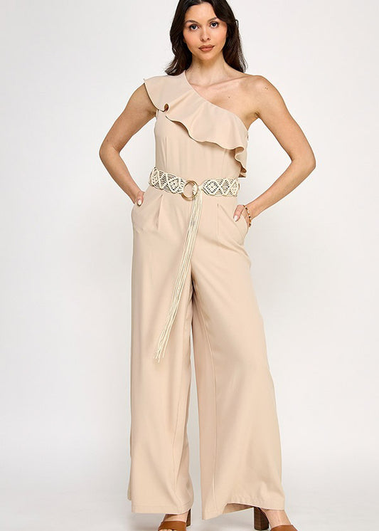 ONE SHOULDER RUFFLE SLV BELTED JUMPSUIT