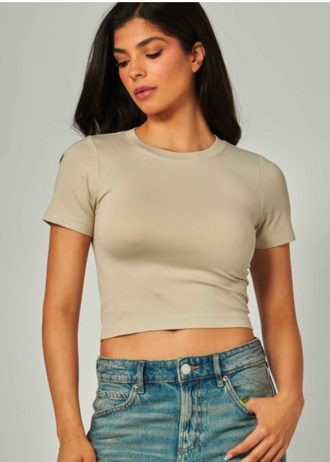 Color Taupe | Flat Seamless | High Neck Crop Top
