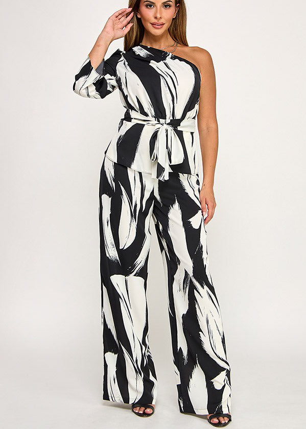 ONE SHOULDER 3/4 SLV WAIST TIE TUNIC TOP W/ PANTS SET