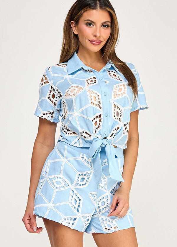 CROCHET LACE DETAIL SSLV TIE FRONT BUTTON DOWN SHIRT W/ SHORTS SET
