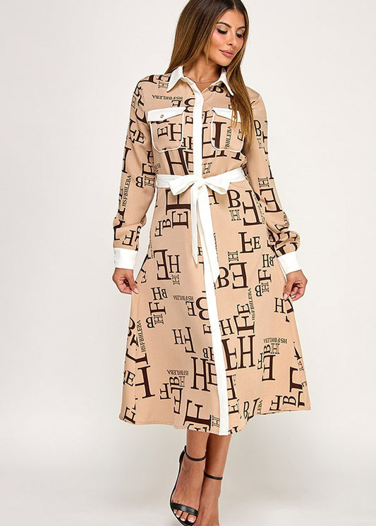 PRINTED LSLV BUTTON DOWN MIDI DRESS W/WAIST TIE