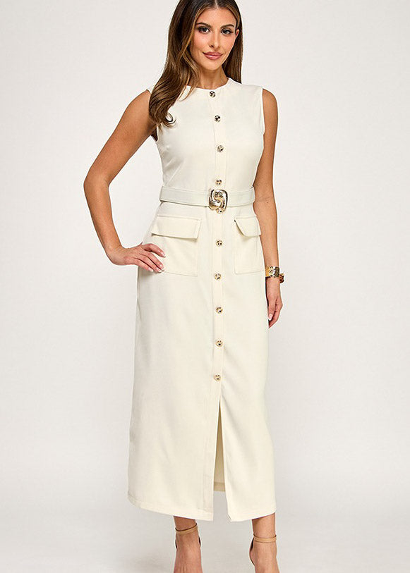 BUTTON DOWN BELT DETAIL POCKET MIDI DRESS