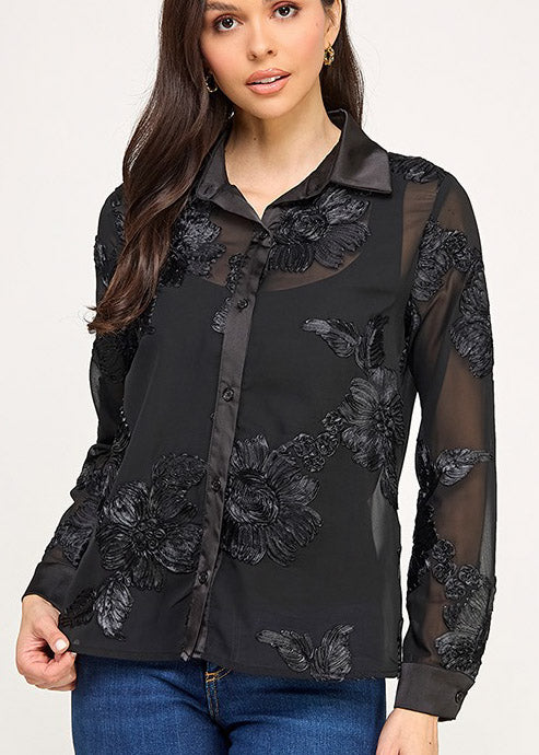 3D TEXTURE SHEER LSLV BUTTON DOWN TOP