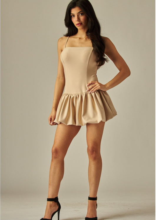 Sleeveless Balloon Skirt Mini Dress w Thin Straps | Color  Crema