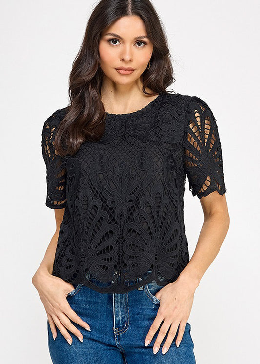 PUFF SSLV LACE BLOUSE TOP