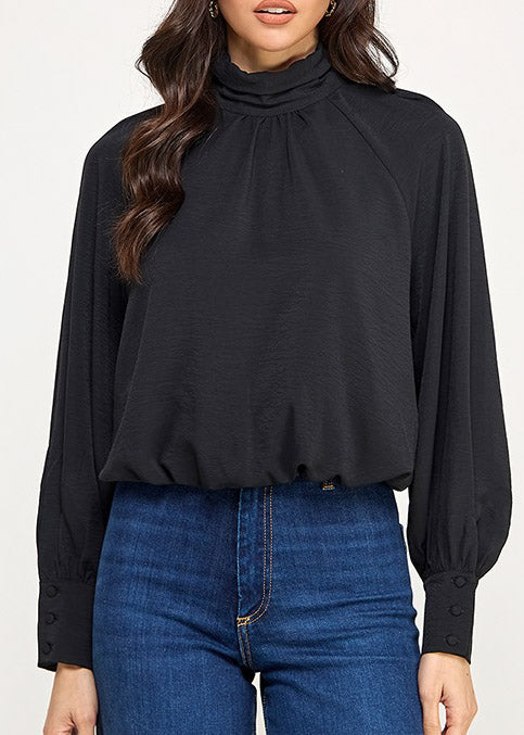 LSLV HIGH NECK BUBBLE HEM TOP | COLOR NEGRA