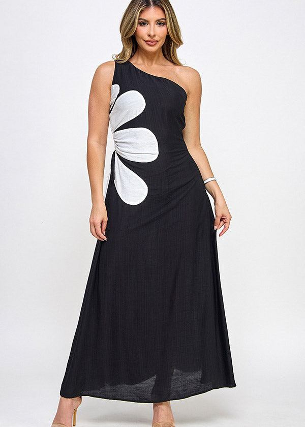 SIDE CUTOUT FLOWER DETAIL ONE SHOULDER DRESS
