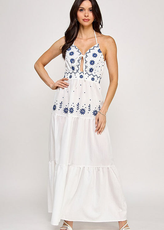 TIERED MAXI DRESS W/ EMBROIDERY DETAIL