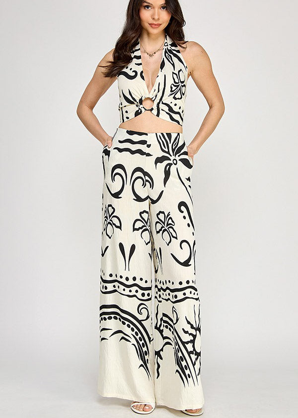 PRINTED HALTER TOP AND WIDE LEG PANTS SET